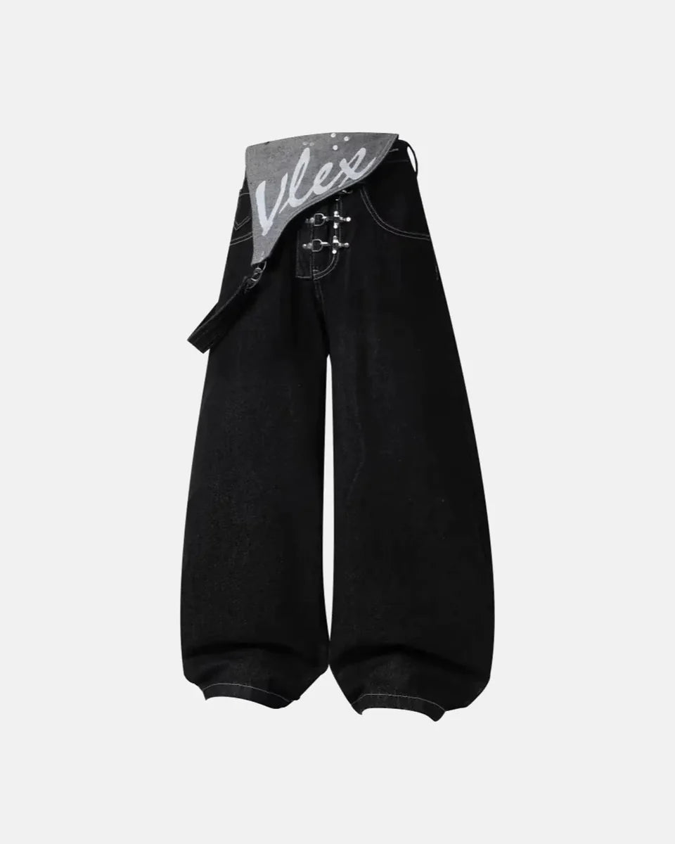 Salopette en Jean Asymétrique à Boucles Coupe Baggy Unisexe