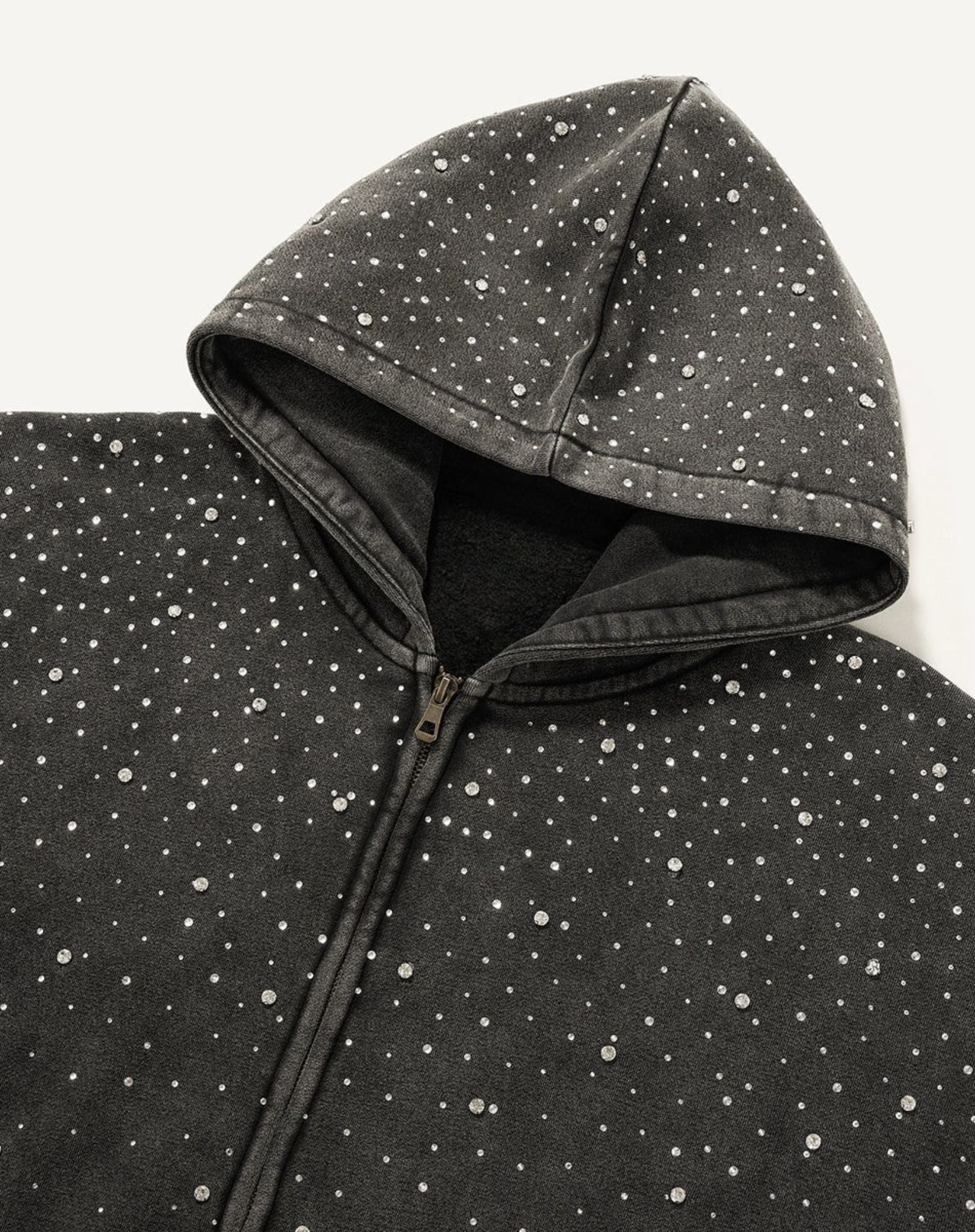 Hoodie Unisexe Zippé Washed à Strass Noir