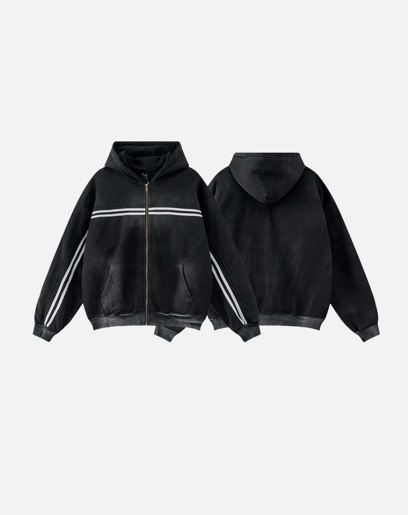 Hoodie Zippé Acid Wash à Bandes Noir