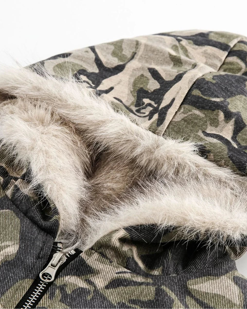 Veste Camo Matelassée à Capuche Fourrée