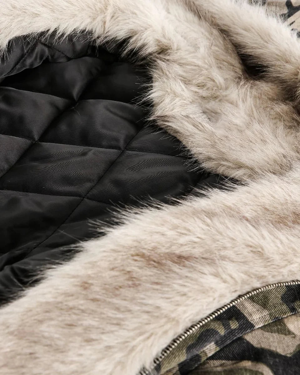 Veste Camo Matelassée à Capuche Fourrée