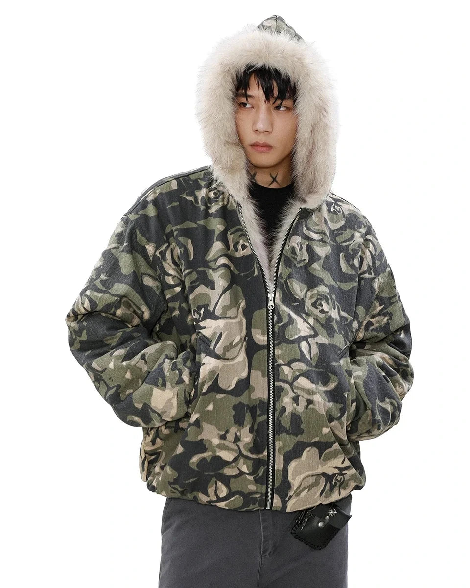 Veste Camo Matelassée à Capuche Fourrée