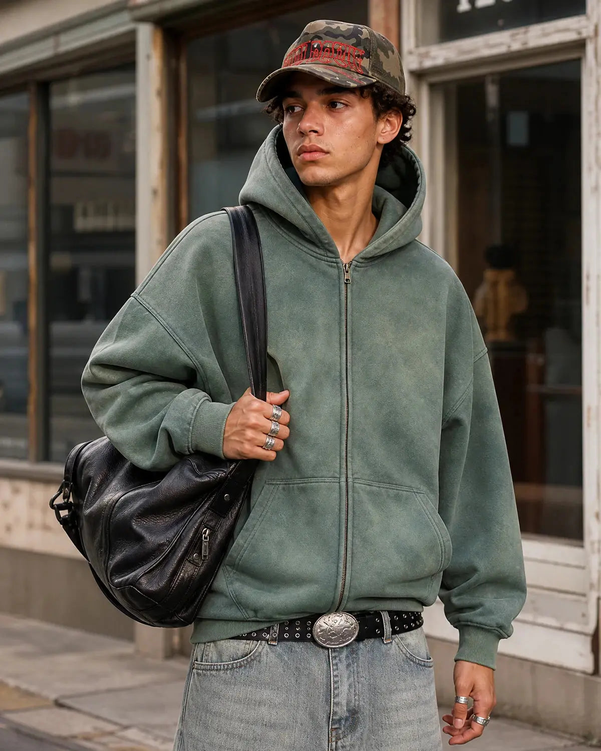 Hoodie zippé vert à délavage contrasté — vue complémentaire 6
