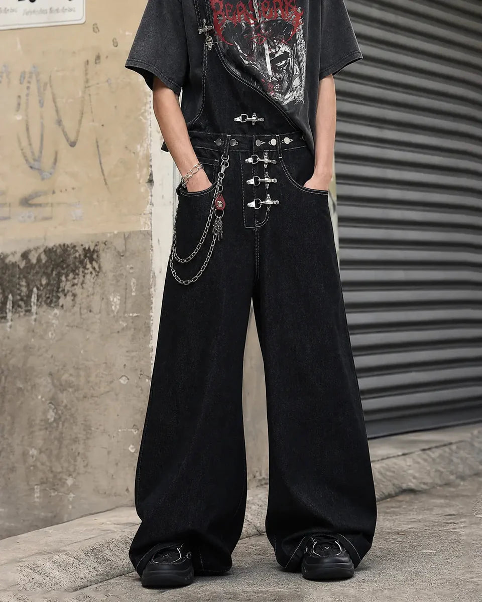 Salopette en Jean Asymétrique à Boucles Coupe Baggy Unisexe