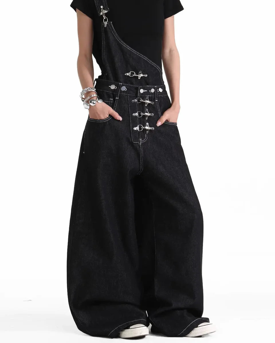 Salopette en Jean Asymétrique à Boucles Coupe Baggy Unisexe