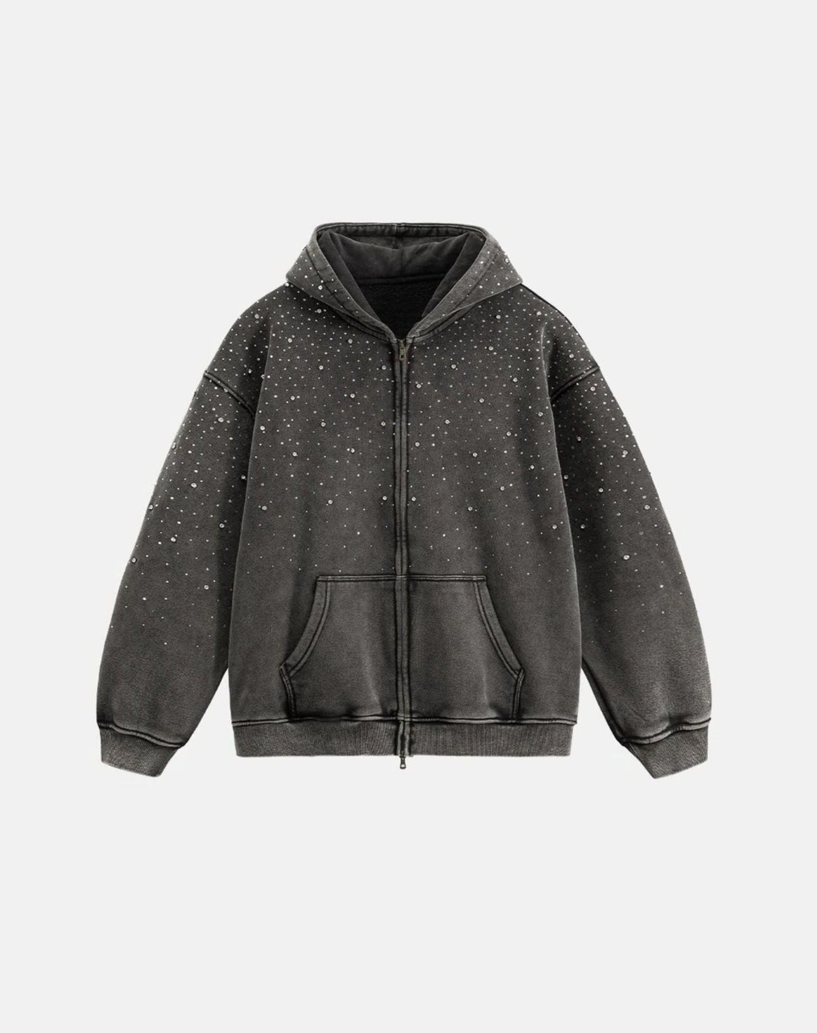 Hoodie Unisexe Zippé Washed à Strass Noir
