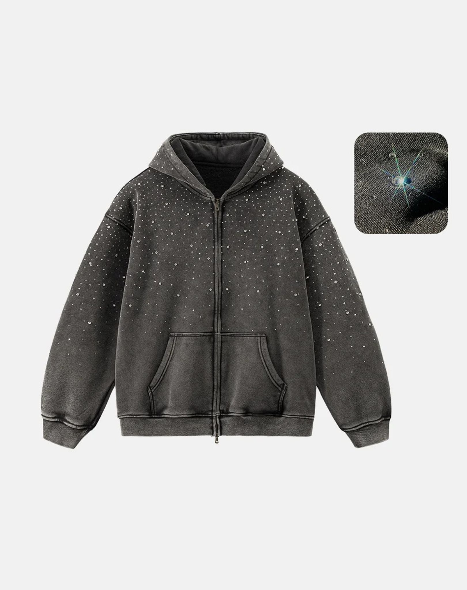 Hoodie Unisexe Zippé Washed à Strass Noir