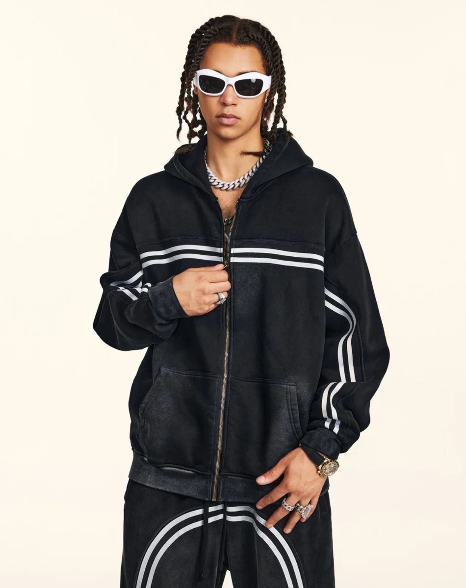 Hoodie Zippé Acid Wash à Bandes Noir