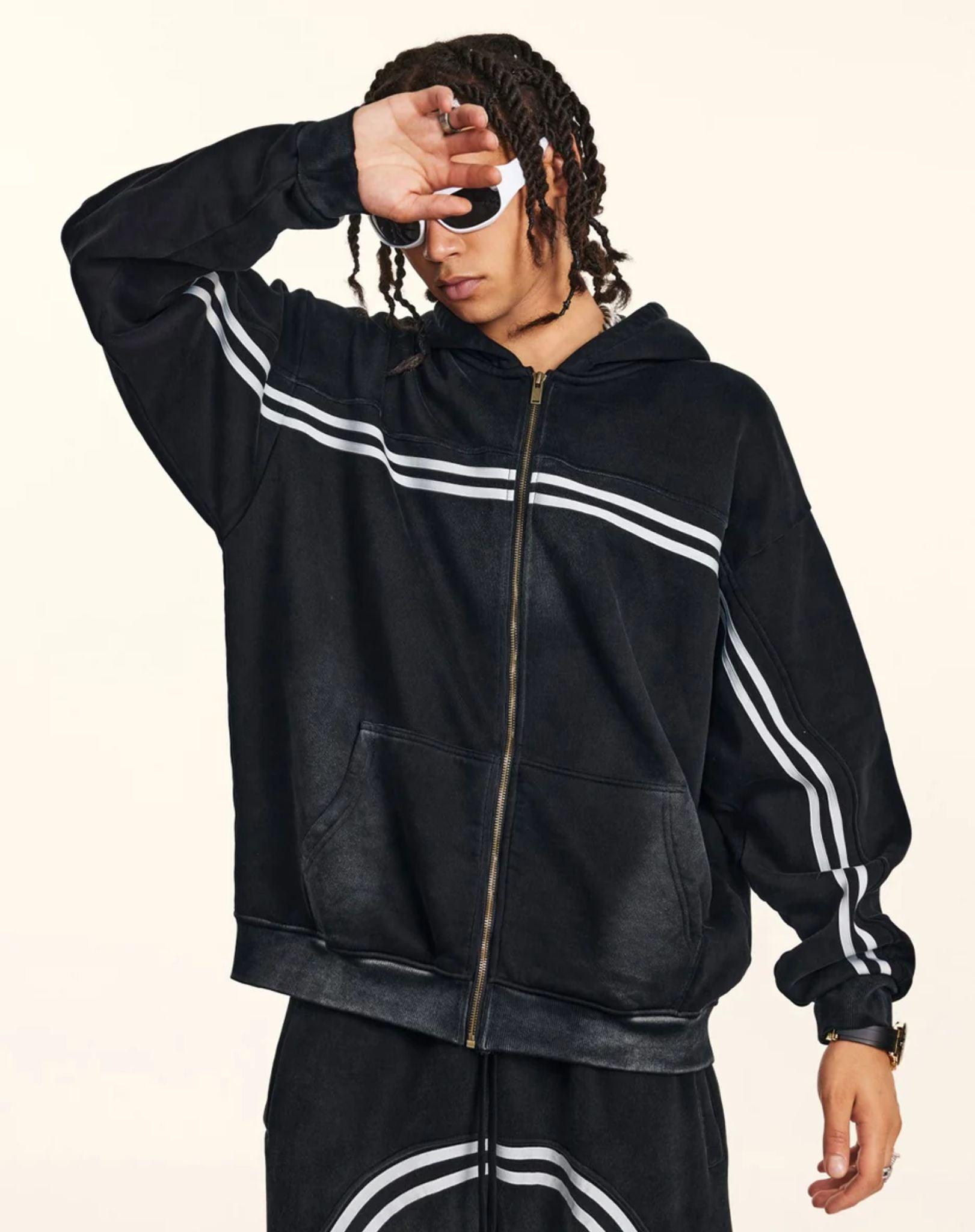 Hoodie Zippé Acid Wash à Bandes Noir