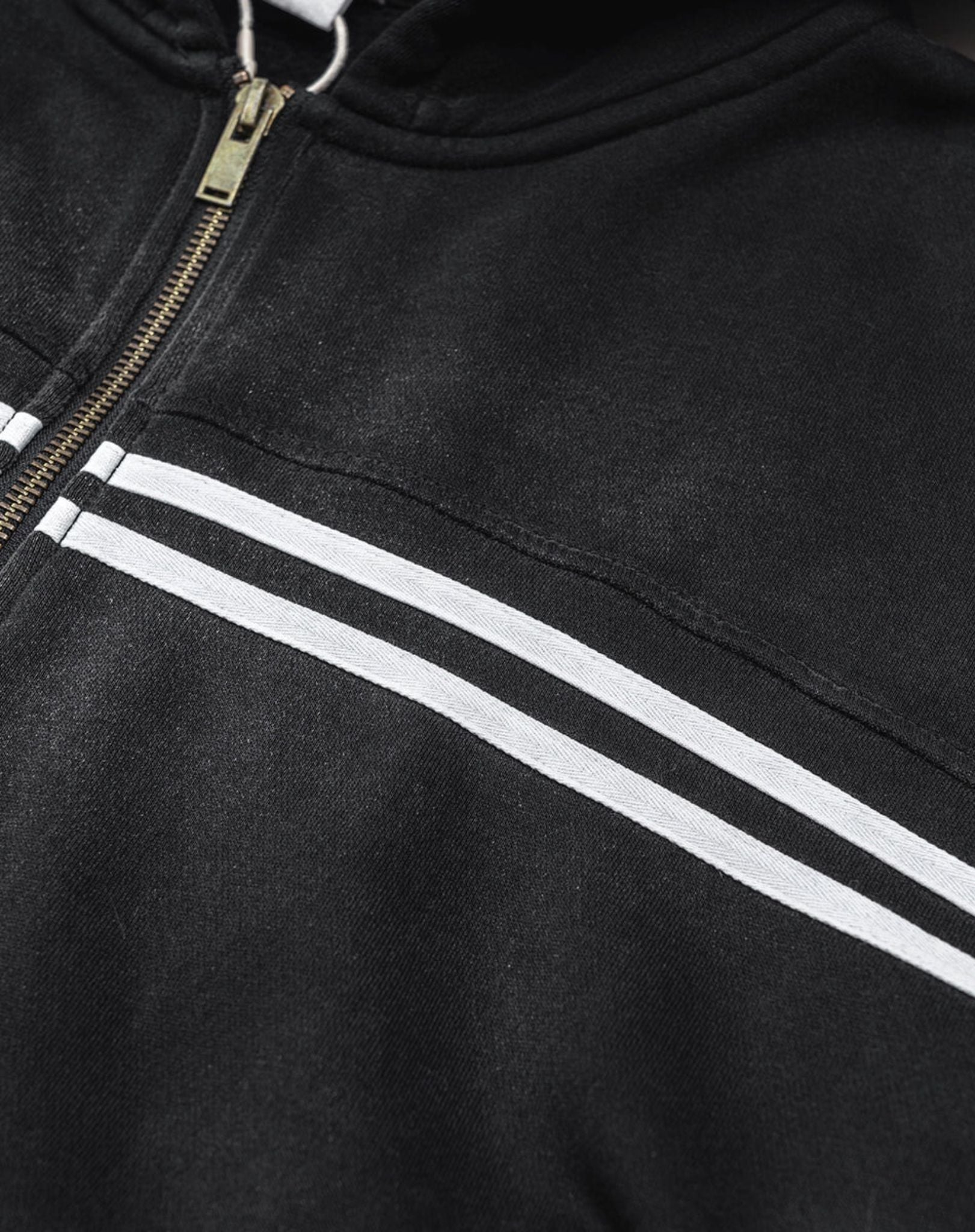 Hoodie Zippé Acid Wash à Bandes Noir