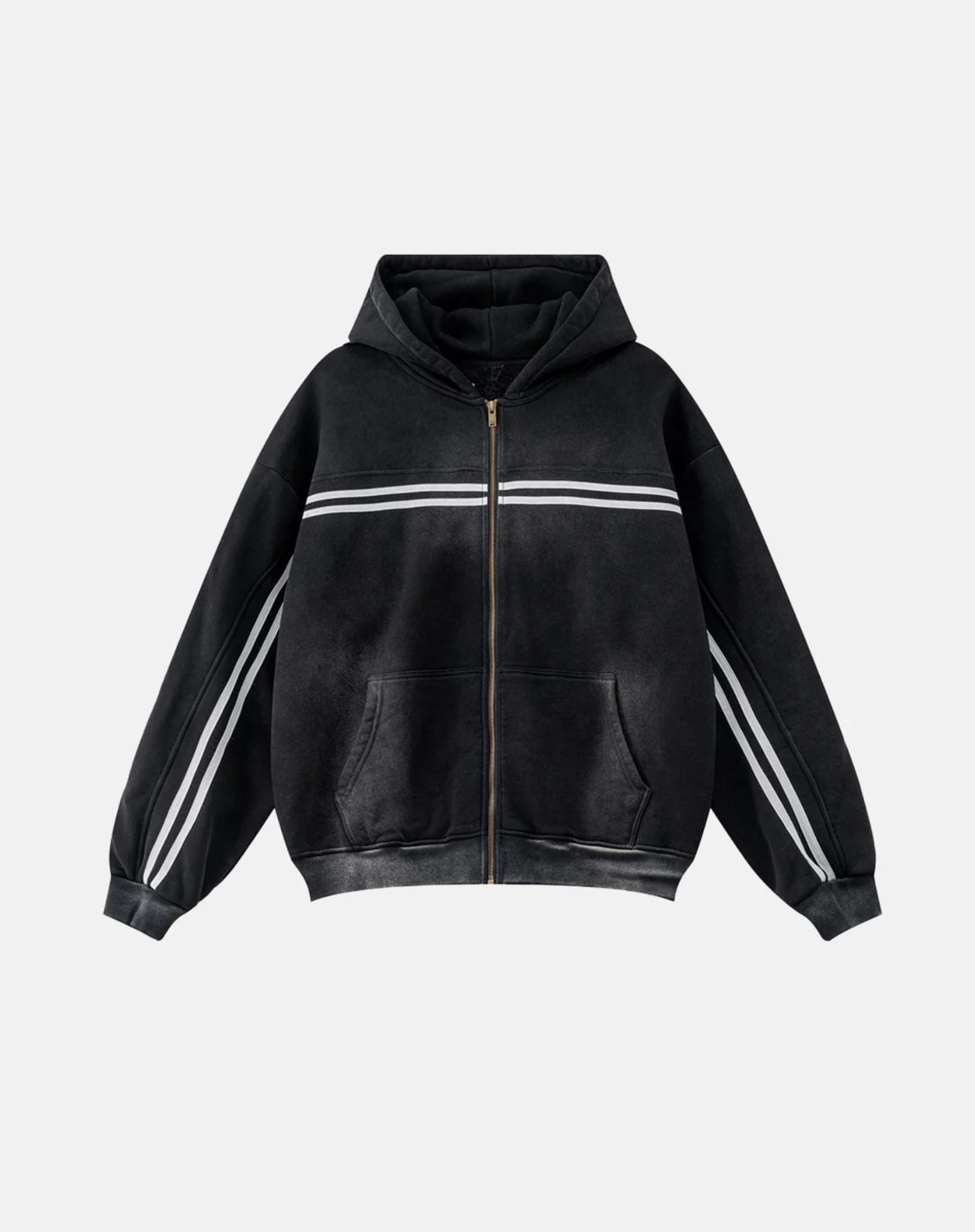 Hoodie Zippé Acid Wash à Bandes Noir