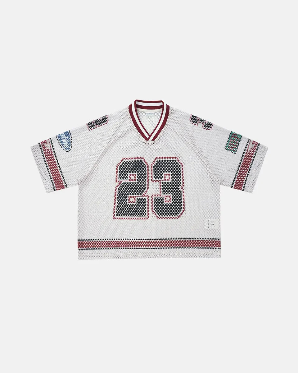 T-shirt jersey mesh blanc avec imprimé numéro 23 sur le devant.