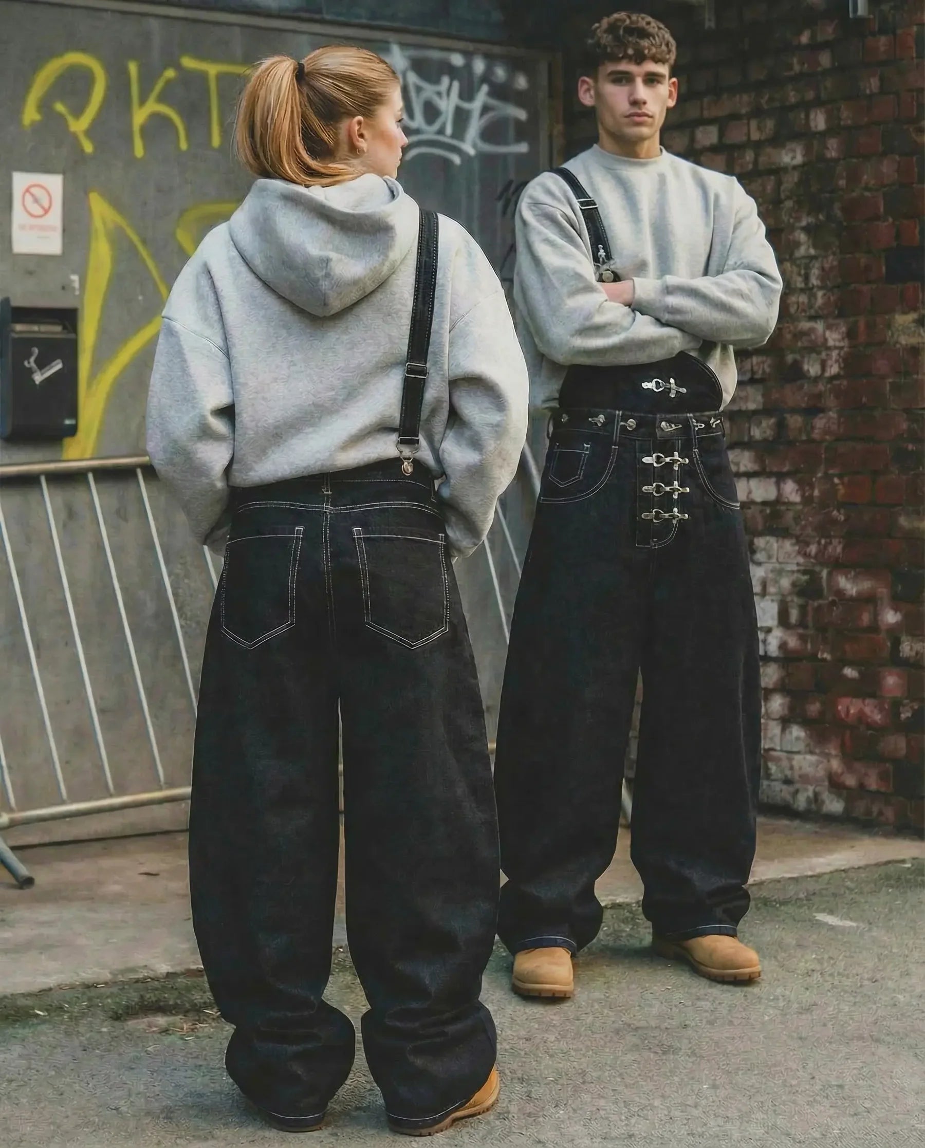 Vue avant d'une salopette baggy en denim avec jambes larges.