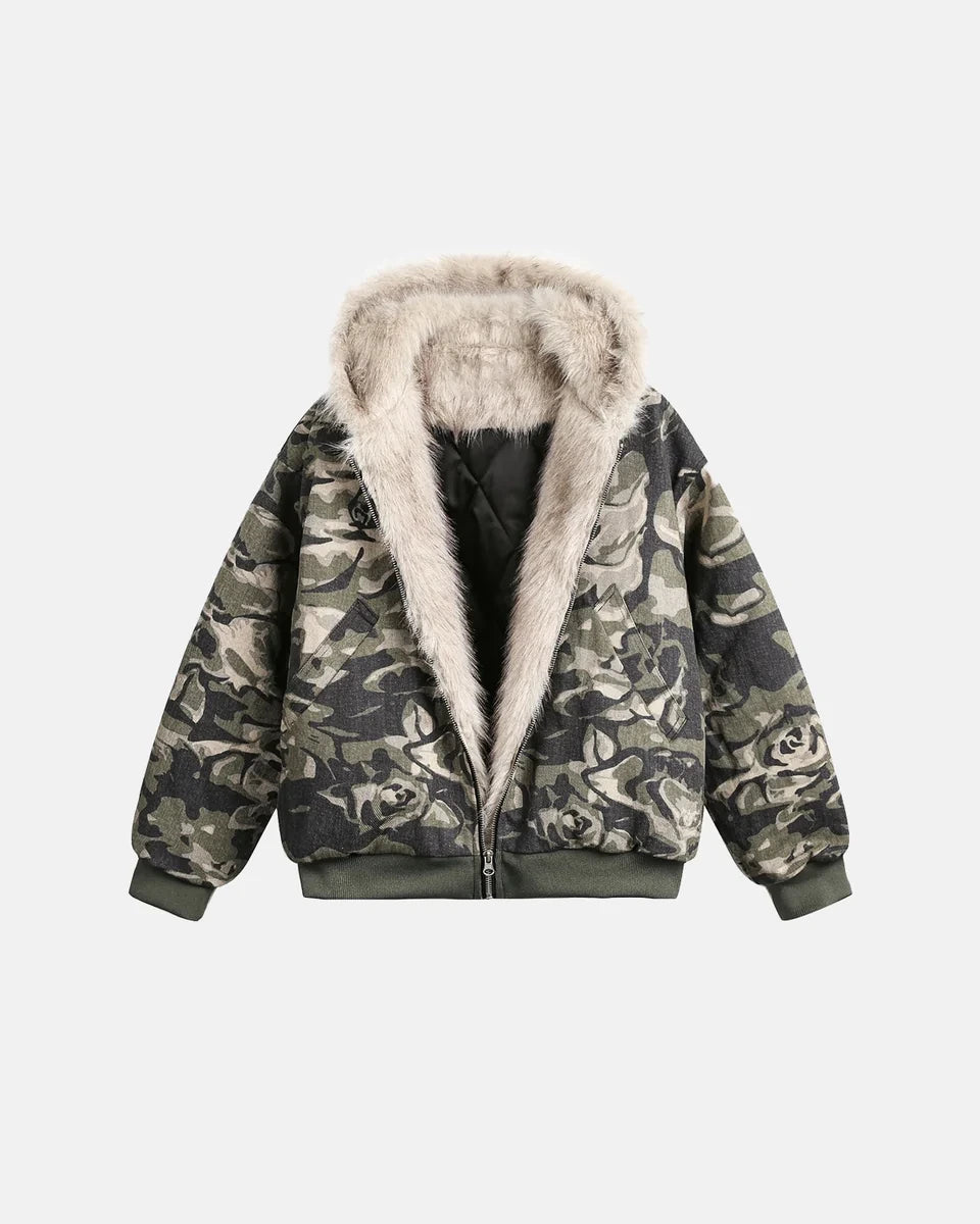 Veste Camo Matelassée à Capuche Fourrée