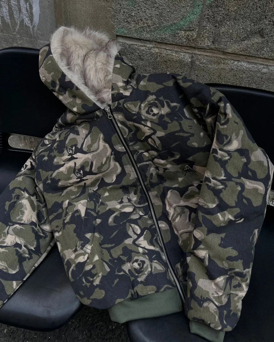 Veste Camo Matelassée à Capuche Fourrée