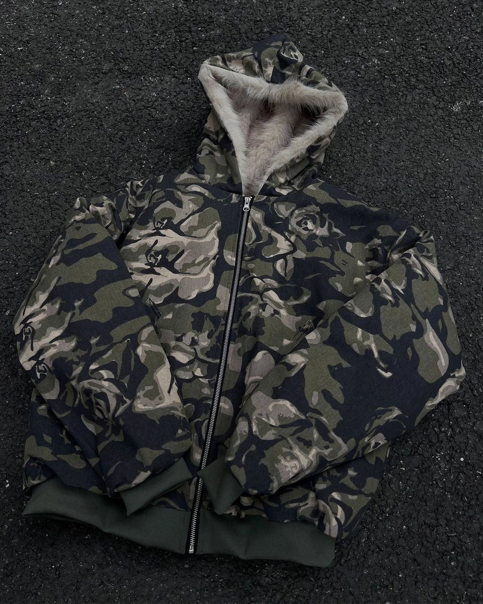 Veste Camo Matelassée à Capuche Fourrée