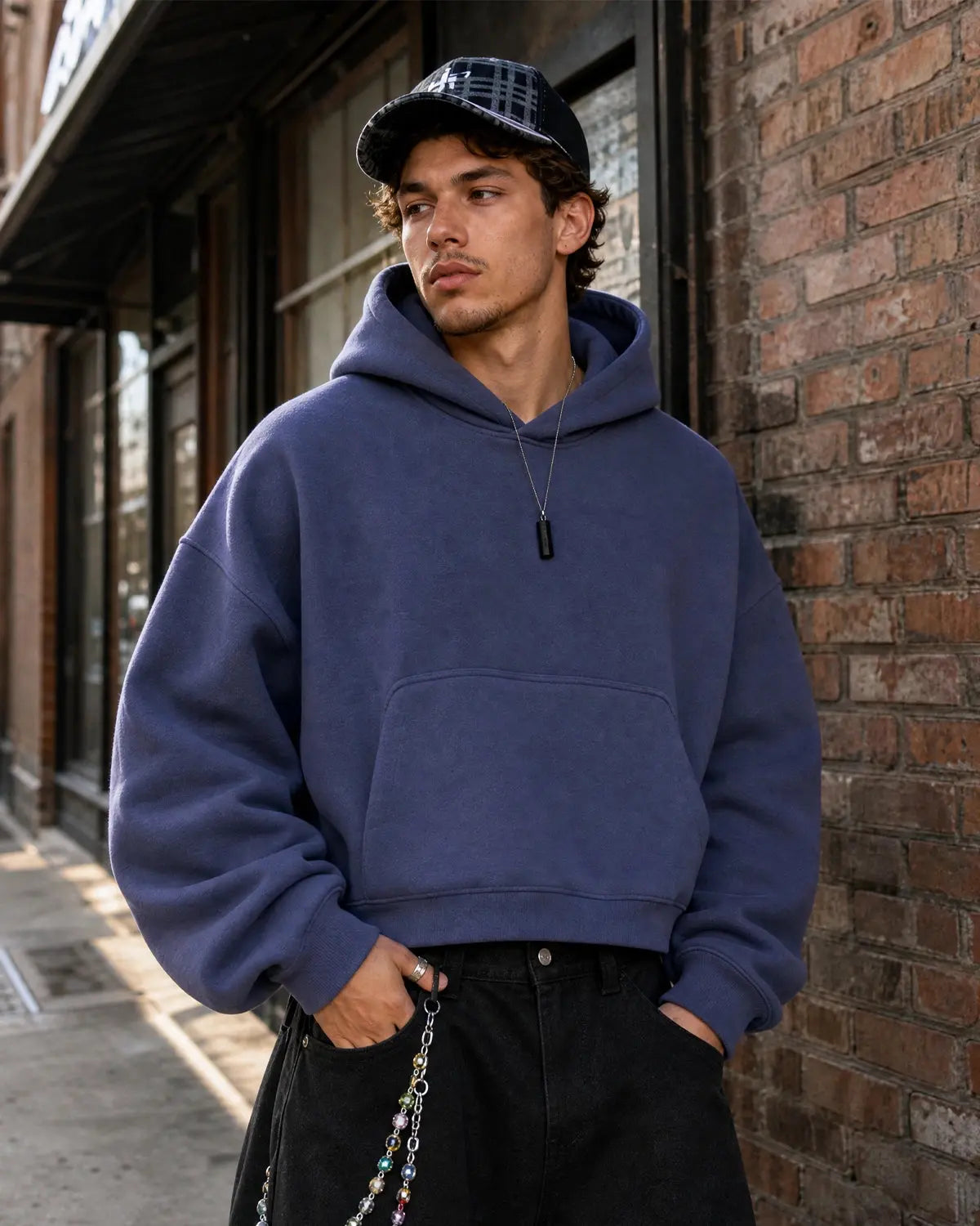 Hoodie boxy uni bleu à manches courbes — vue complémentaire