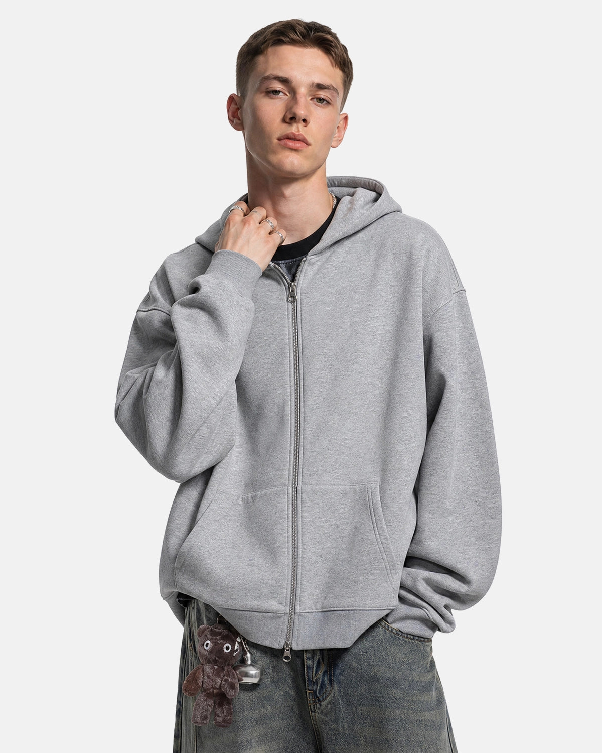Hoodie zippé oversize en molleton gris clair — vue complémentaire