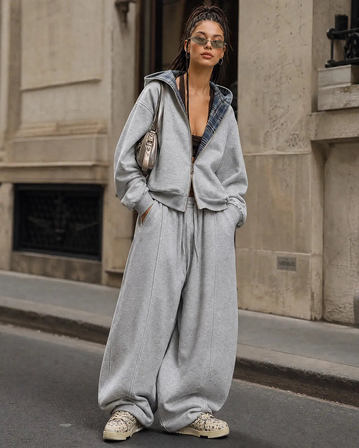 Hoodie zippé réversible gris et carreaux — vue complémentaire 3