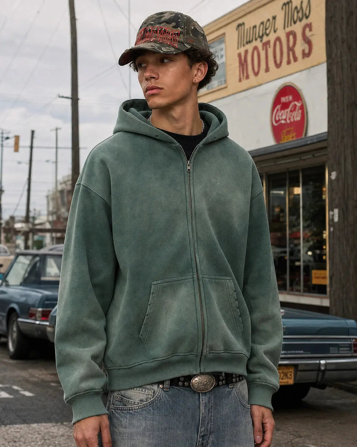 Hoodie zippé vert à délavage contrasté — vue complémentaire 7